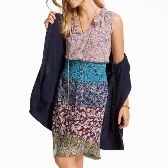 CAbi Dresses & Skirts - Cabi Floral and Paisley Boho Mixed Media Tie Neck Smocked Sleeveless Dress